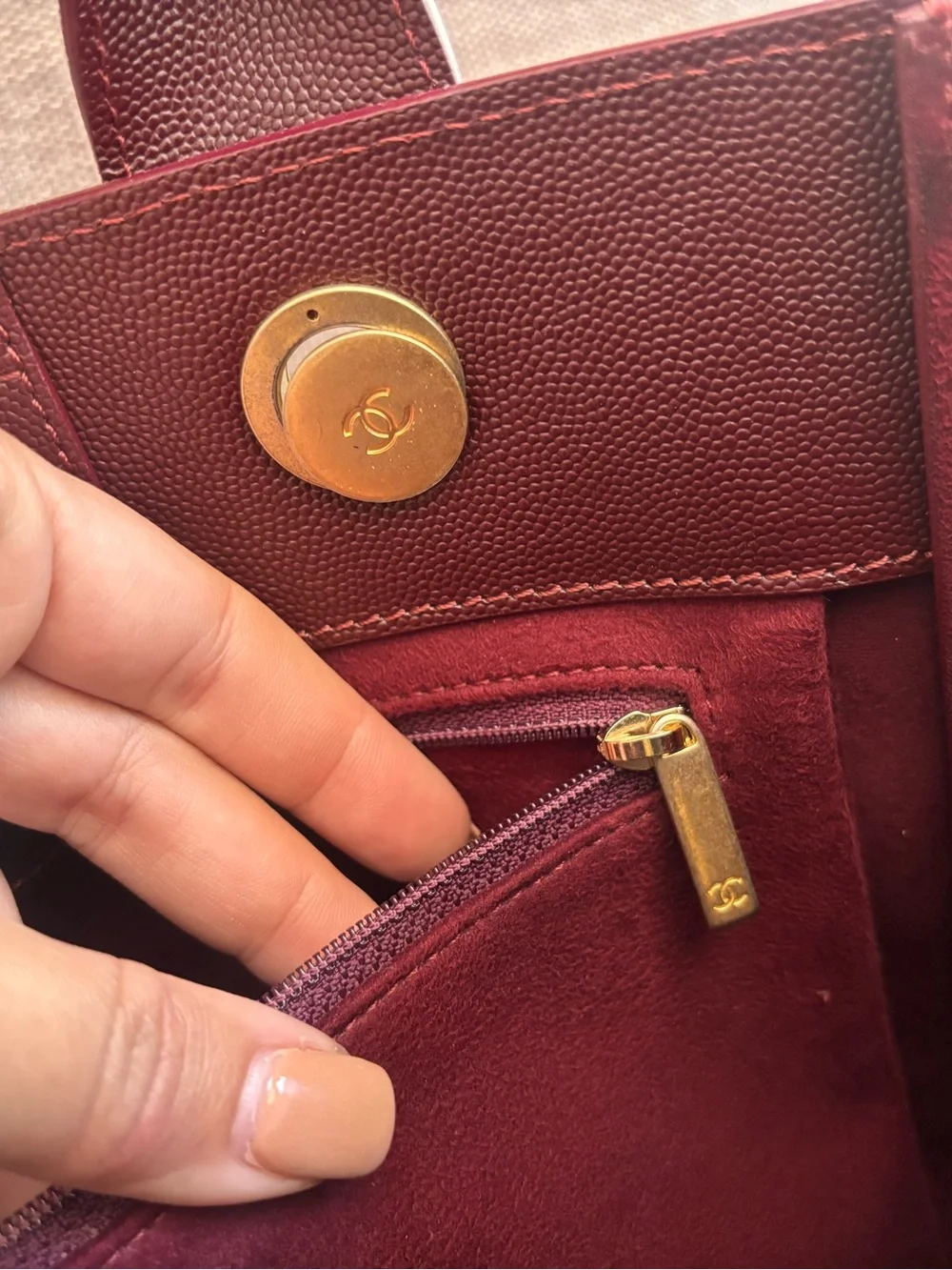 Authentic CHANEL deauville studded caviar leather burgundy tote